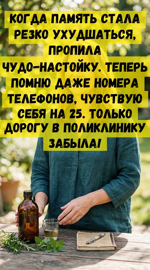 Когда память стала резко ухудшаться, пропила чудо-настойку. Теперь помню даже номера телефонов, чувствую себя на 25. Только дорогу в поликлинику забыла!