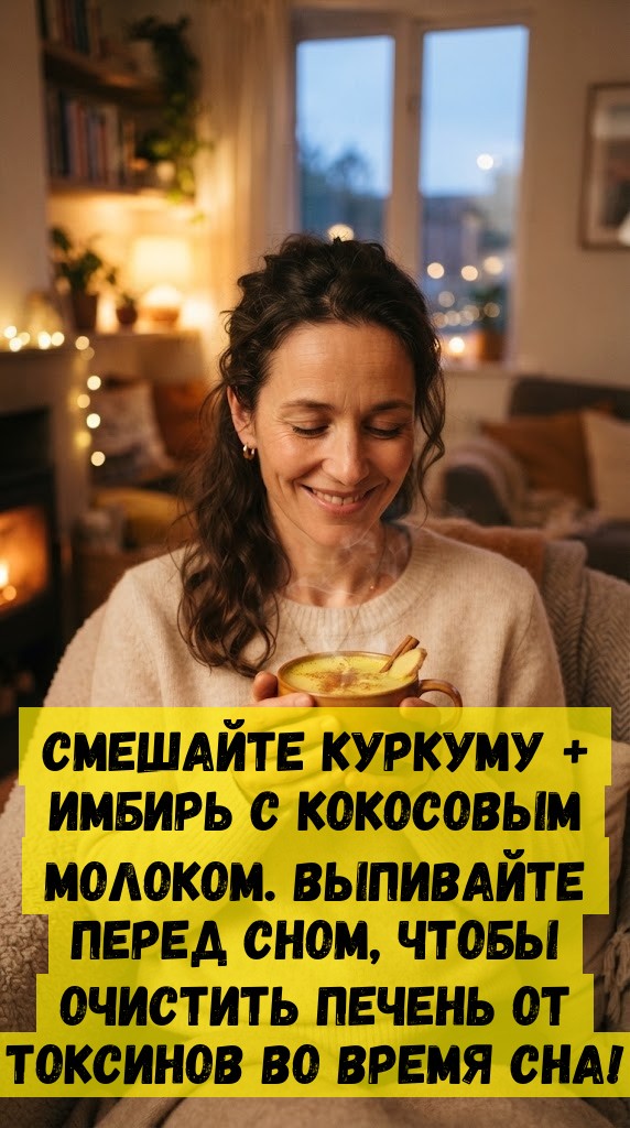 Смешайте куркуму + имбирь с кокосовым молоком. Выпивайте перед сном, чтобы очистить печень от токсинов во время сна!