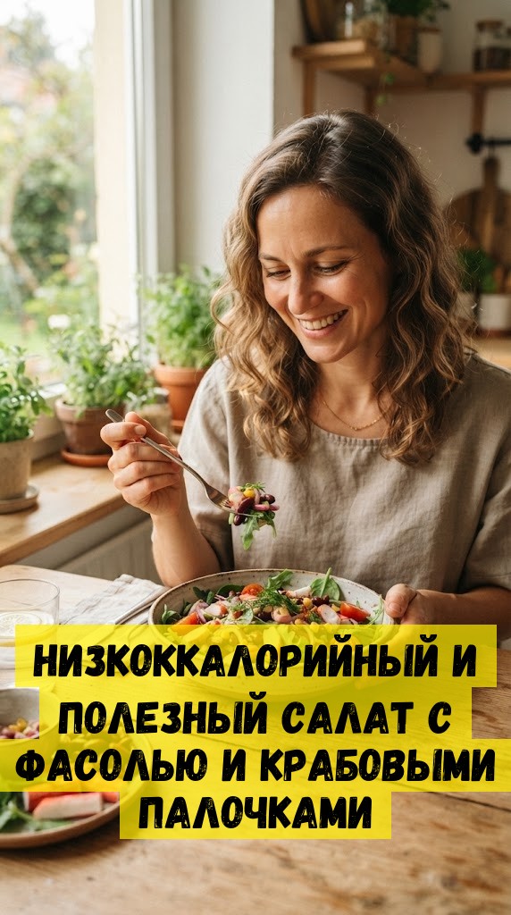 Низкоккалорийный и полезный салат с фасолью и крабовыми палочками