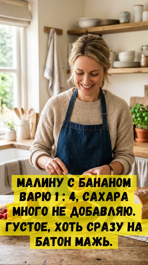 Малину с бананом варю 1 : 4, сахара много не добавляю. Густое, хоть сразу на батон мажь.