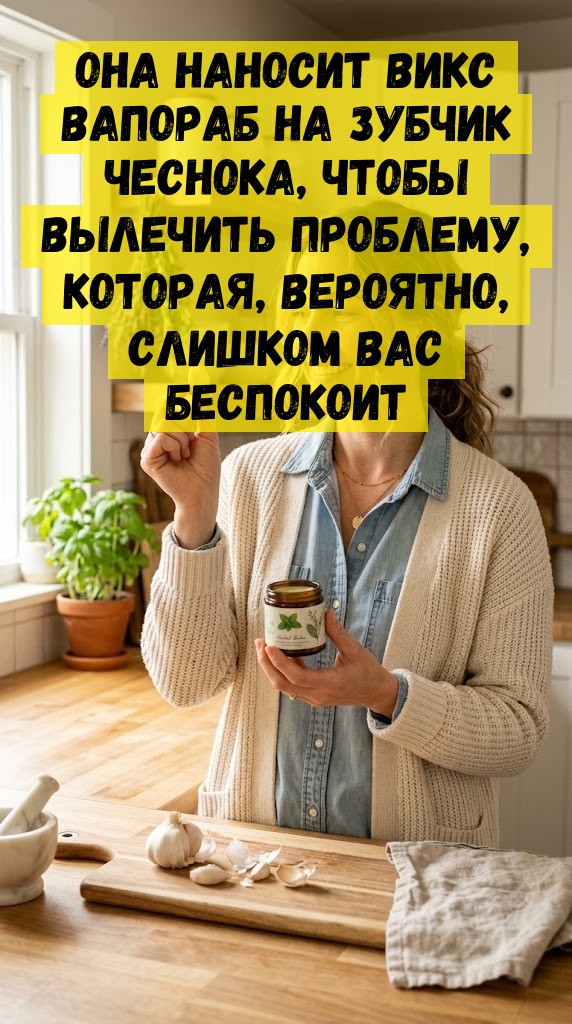Она наносит Викс Вапораб на зубчик чеснока, чтобы вылечить проблему, которая, вероятно, слишком вас беспокоит