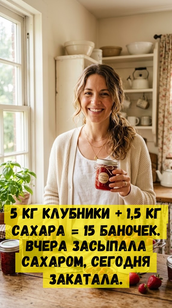 5 кг клубники + 1,5 кг сахара = 15 баночек. Вчера засыпала сахаром, сегодня закатала.