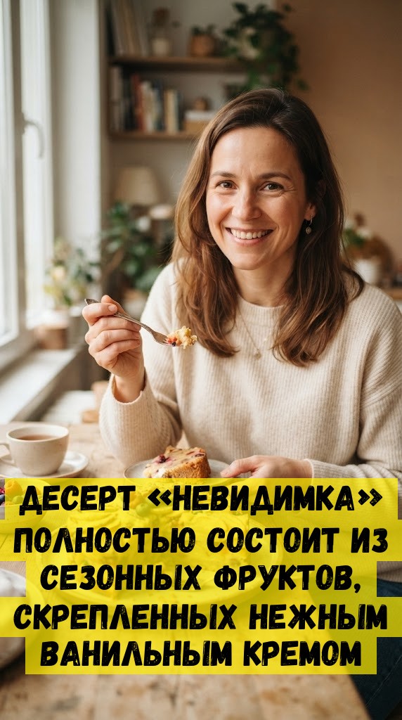 Десерт «Невидимка» полностью состоит из сезонных фруктов, скрепленных нежным ванильным кремом Десерт «Невидимка» полностью состоит из сезонных фруктов, скрепленных нежным ванильным кремом